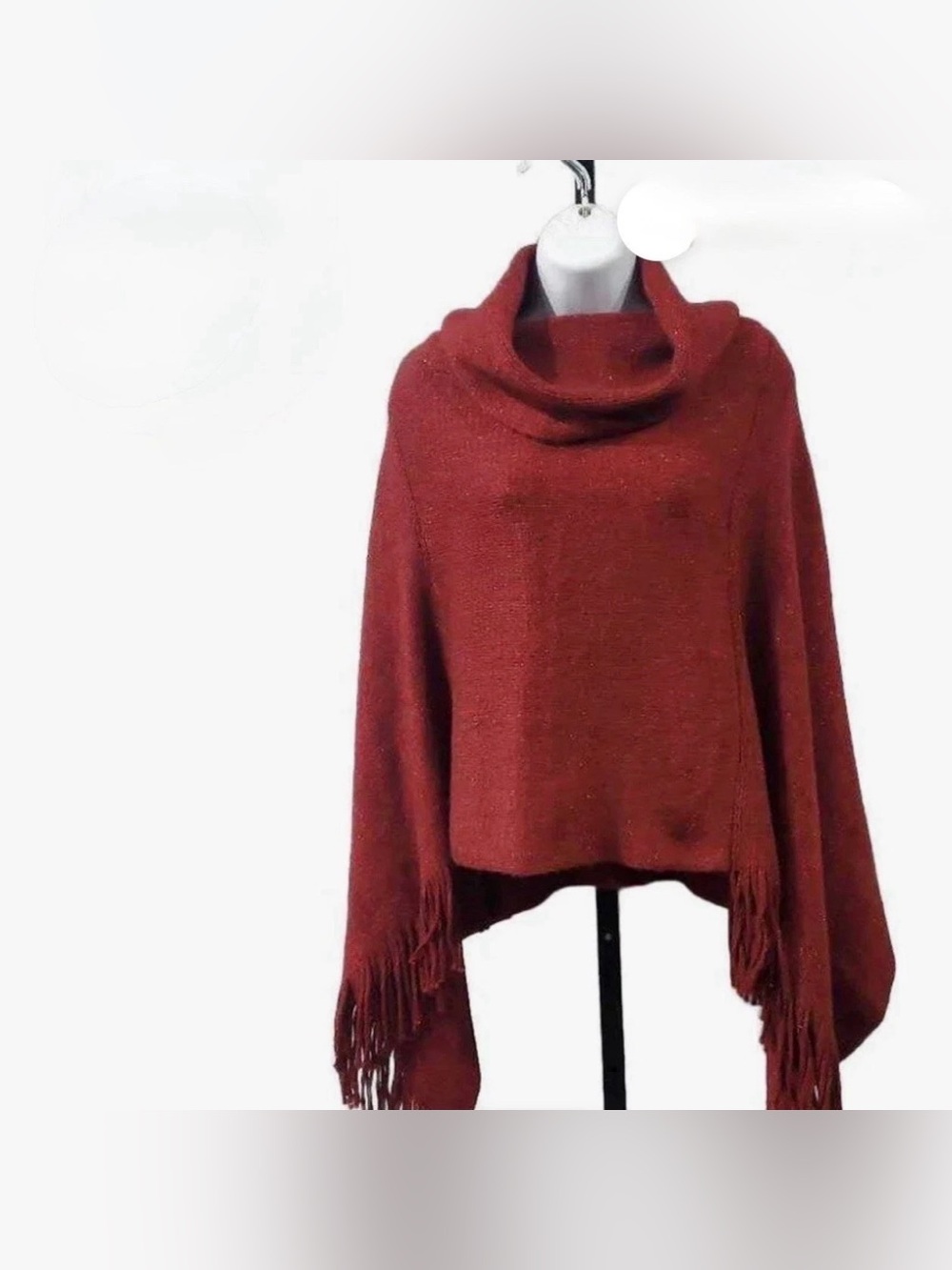 Chicos Poncho One Size Burgundy Wine Shimmer Cowl Neck Cape Sweater Fringe